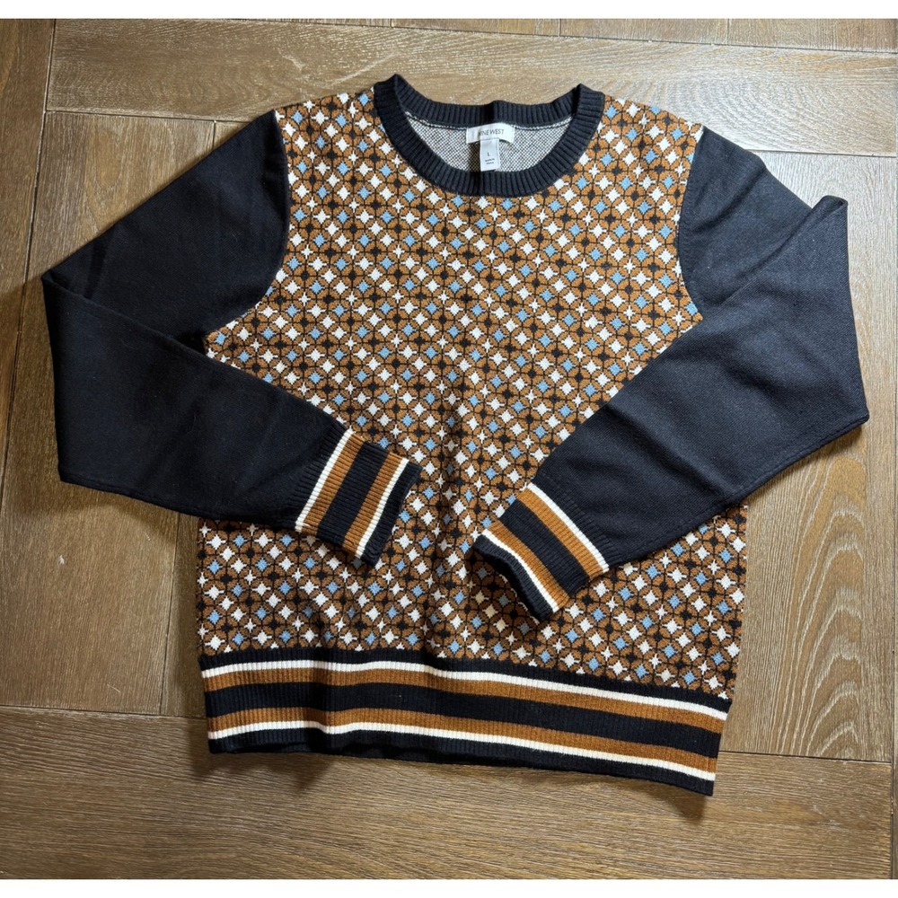 Nine West Womens Geometric Print Crewneck Sweater Black Brown Blue Large